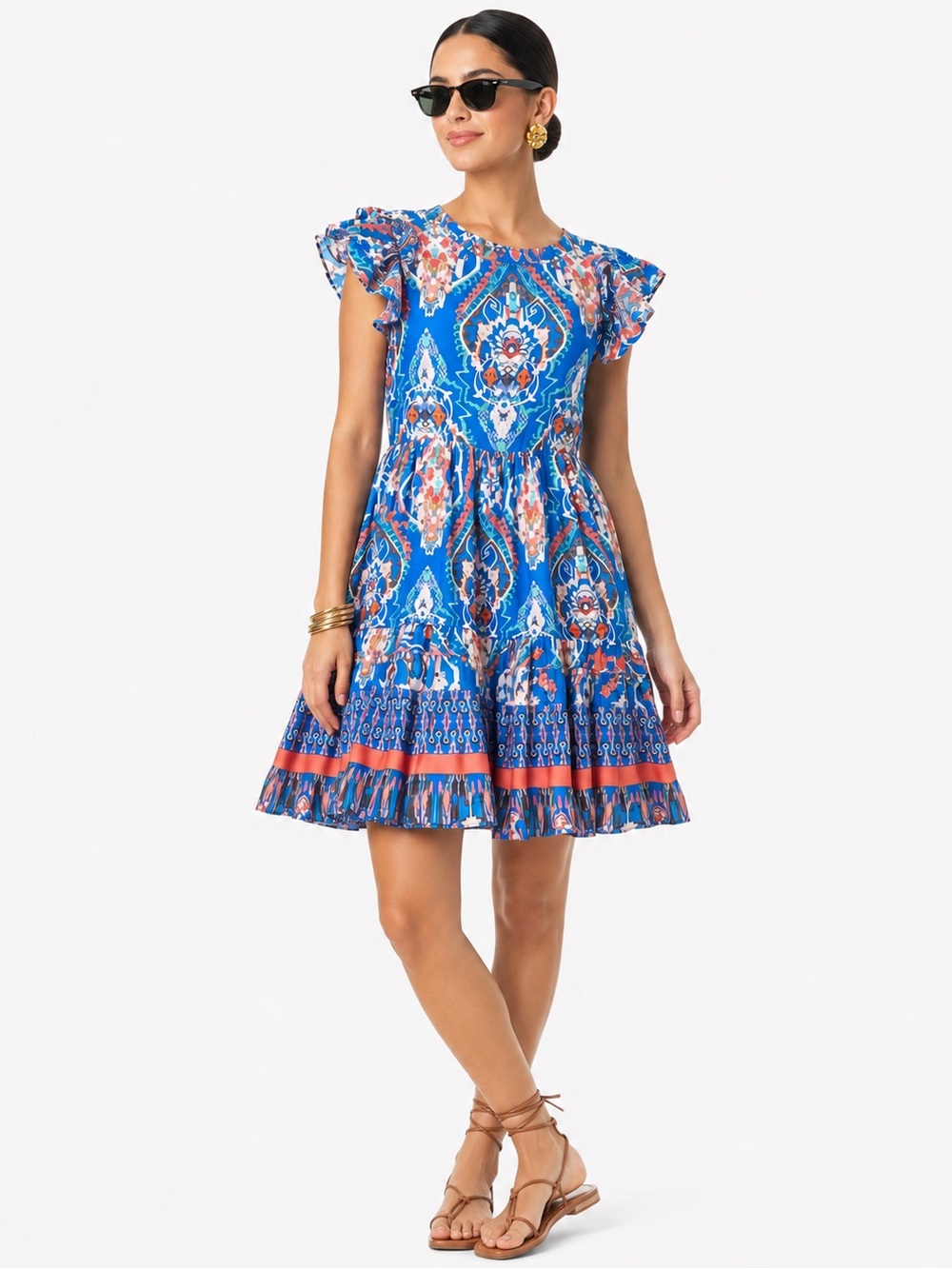 Joy Joy Ruffle Sleeve Mini Dress Blue Tapestry Print Summer Party Vacation. 23